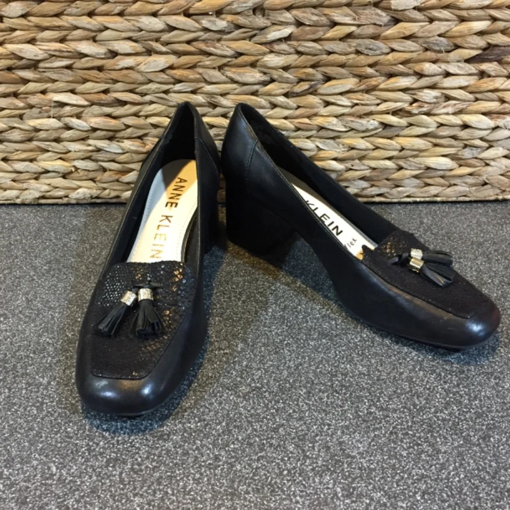 Anne Klein Iflex Black Leather Heeled Loafers with Tassel & Patent Detail